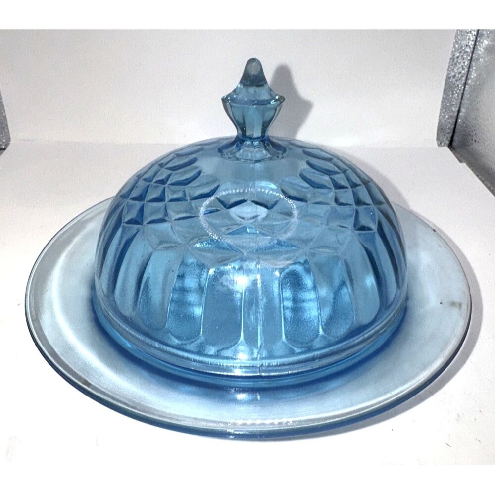 Aunt Polly Round Depression Glass Butter Candy Dish Vintage Blue U.S - Picture 2 of 7